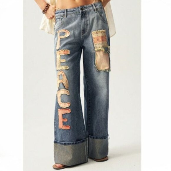 NEW Peace Patchwork Boho Cuffed Jeans size Small - Picture 1 of 5
